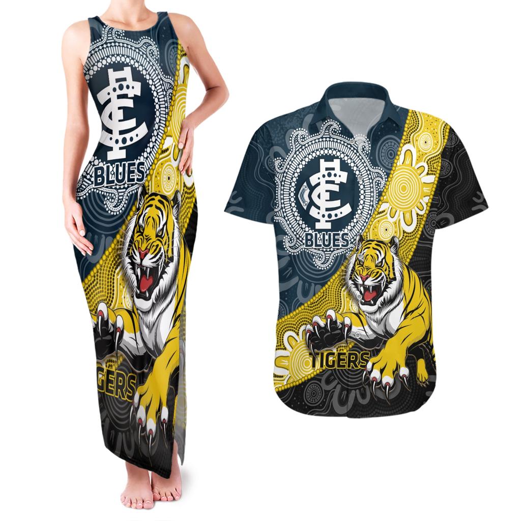 Personalised Richmond And Carlton Football Couples Matching Tank Maxi Dress and Hawaiian Shirt Tigers BluesTogether Aboriginal Art