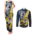 Personalised Richmond And Carlton Football Couples Matching Tank Maxi Dress and Long Sleeve Button Shirt Tigers BluesTogether Aboriginal Art