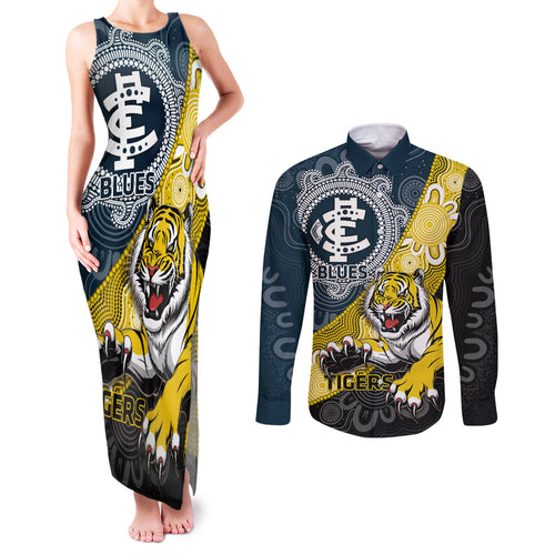 Personalised Richmond And Carlton Football Couples Matching Tank Maxi Dress and Long Sleeve Button Shirt Tigers BluesTogether Aboriginal Art