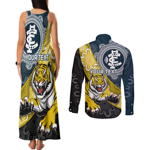 Personalised Richmond And Carlton Football Couples Matching Tank Maxi Dress and Long Sleeve Button Shirt Tigers BluesTogether Aboriginal Art