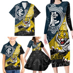 Personalised Richmond And Carlton Football Family Matching Long Sleeve Bodycon Dress and Hawaiian Shirt Tigers BluesTogether Aboriginal Art
