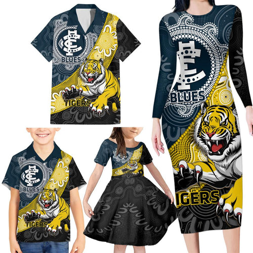 Personalised Richmond And Carlton Football Family Matching Long Sleeve Bodycon Dress and Hawaiian Shirt Tigers BluesTogether Aboriginal Art