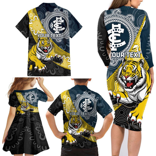 Personalised Richmond And Carlton Football Family Matching Long Sleeve Bodycon Dress and Hawaiian Shirt Tigers BluesTogether Aboriginal Art