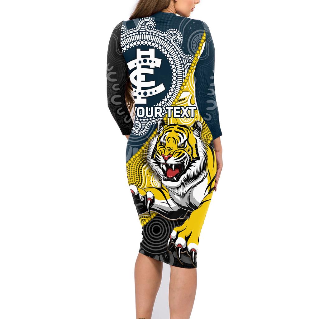 Personalised Richmond And Carlton Football Family Matching Long Sleeve Bodycon Dress and Hawaiian Shirt Tigers BluesTogether Aboriginal Art