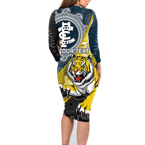 Personalised Richmond And Carlton Football Family Matching Long Sleeve Bodycon Dress and Hawaiian Shirt Tigers BluesTogether Aboriginal Art