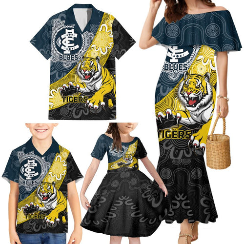 Personalised Richmond And Carlton Football Family Matching Mermaid Dress and Hawaiian Shirt Tigers BluesTogether Aboriginal Art