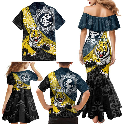 Personalised Richmond And Carlton Football Family Matching Mermaid Dress and Hawaiian Shirt Tigers BluesTogether Aboriginal Art