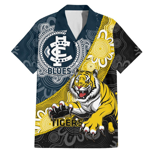 Personalised Richmond And Carlton Football Family Matching Mermaid Dress and Hawaiian Shirt Tigers BluesTogether Aboriginal Art