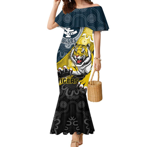 Personalised Richmond And Carlton Football Family Matching Mermaid Dress and Hawaiian Shirt Tigers BluesTogether Aboriginal Art