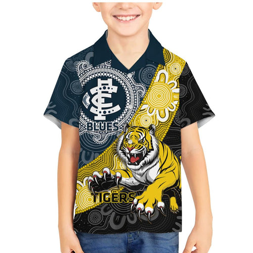 Personalised Richmond And Carlton Football Family Matching Mermaid Dress and Hawaiian Shirt Tigers BluesTogether Aboriginal Art