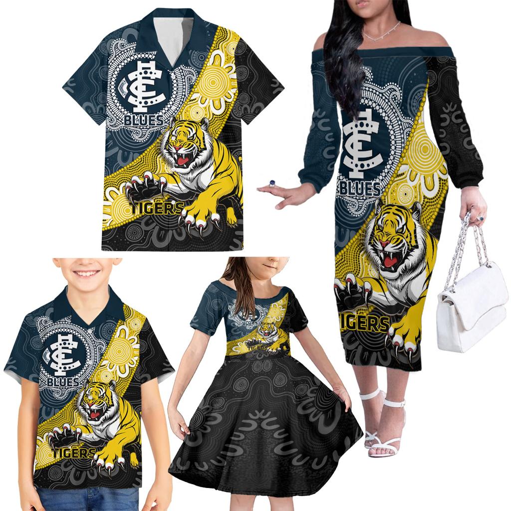 Personalised Richmond And Carlton Football Family Matching Off The Shoulder Long Sleeve Dress and Hawaiian Shirt Tigers BluesTogether Aboriginal Art