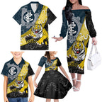 Personalised Richmond And Carlton Football Family Matching Off The Shoulder Long Sleeve Dress and Hawaiian Shirt Tigers BluesTogether Aboriginal Art