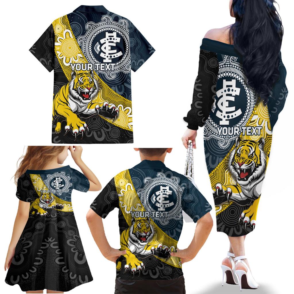 Personalised Richmond And Carlton Football Family Matching Off The Shoulder Long Sleeve Dress and Hawaiian Shirt Tigers BluesTogether Aboriginal Art
