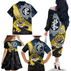 Personalised Richmond And Carlton Football Family Matching Off The Shoulder Long Sleeve Dress and Hawaiian Shirt Tigers BluesTogether Aboriginal Art