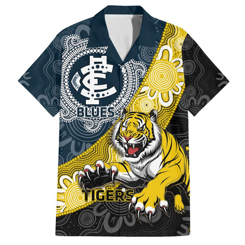 Personalised Richmond And Carlton Football Family Matching Off The Shoulder Long Sleeve Dress and Hawaiian Shirt Tigers BluesTogether Aboriginal Art