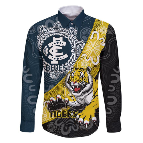 Personalised Richmond And Carlton Football Family Matching Off The Shoulder Long Sleeve Dress and Hawaiian Shirt Tigers BluesTogether Aboriginal Art