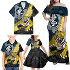 Personalised Richmond And Carlton Football Family Matching Off Shoulder Maxi Dress and Hawaiian Shirt Tigers BluesTogether Aboriginal Art