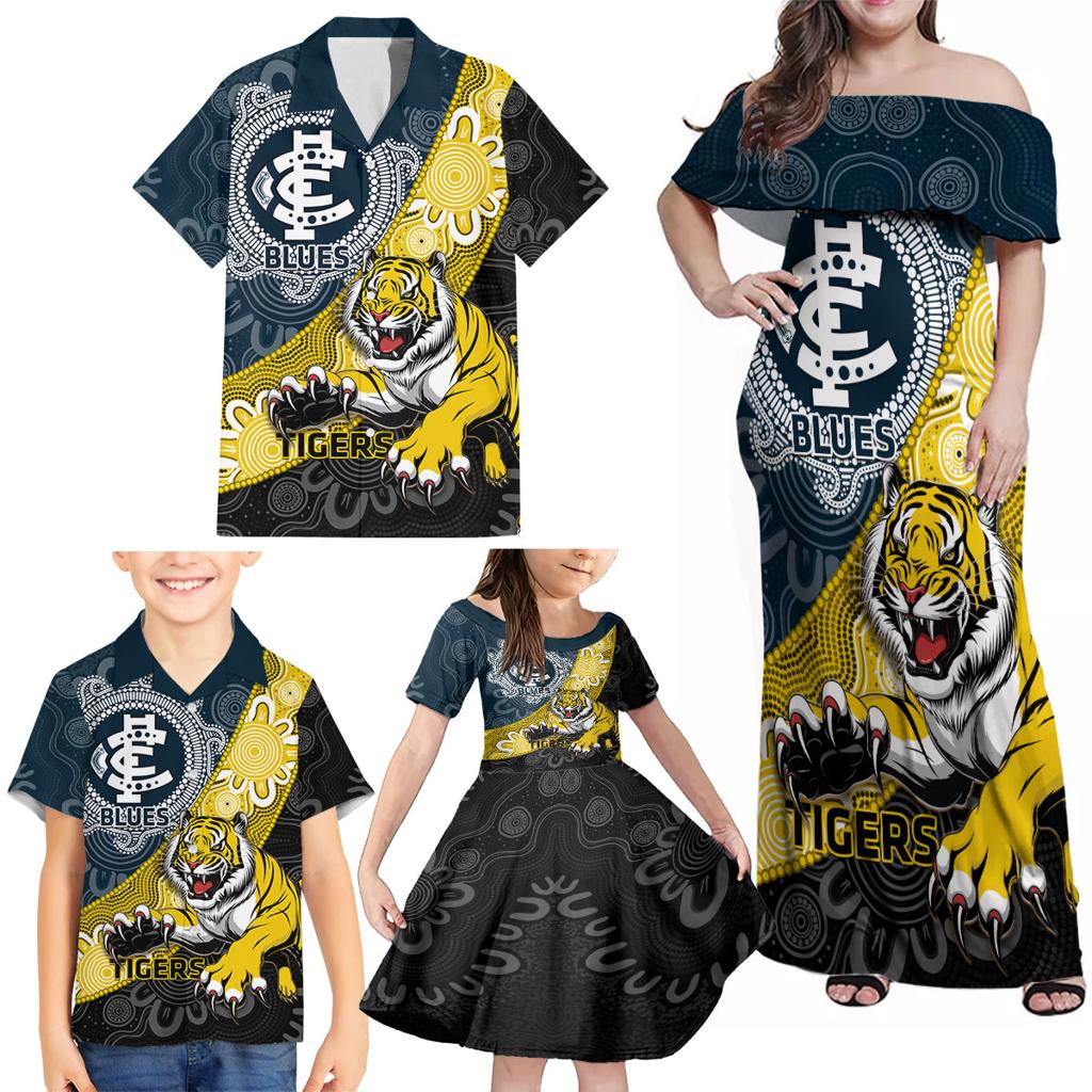 Personalised Richmond And Carlton Football Family Matching Off Shoulder Maxi Dress and Hawaiian Shirt Tigers BluesTogether Aboriginal Art