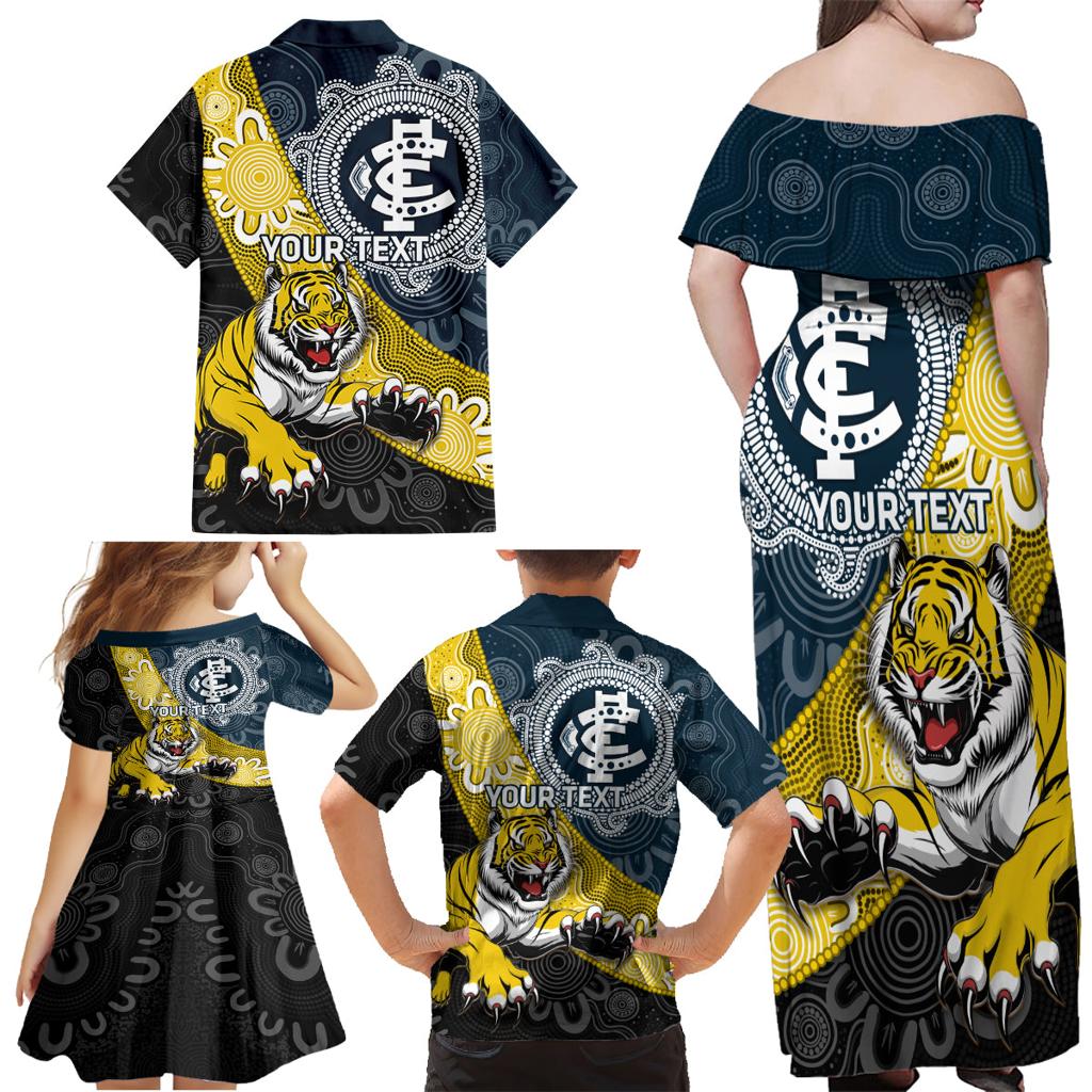 Personalised Richmond And Carlton Football Family Matching Off Shoulder Maxi Dress and Hawaiian Shirt Tigers BluesTogether Aboriginal Art