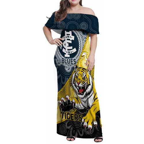 Personalised Richmond And Carlton Football Family Matching Off Shoulder Maxi Dress and Hawaiian Shirt Tigers BluesTogether Aboriginal Art