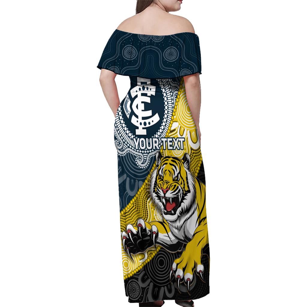 Personalised Richmond And Carlton Football Family Matching Off Shoulder Maxi Dress and Hawaiian Shirt Tigers BluesTogether Aboriginal Art