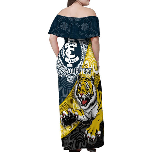 Personalised Richmond And Carlton Football Family Matching Off Shoulder Maxi Dress and Hawaiian Shirt Tigers BluesTogether Aboriginal Art