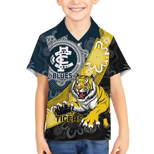 Personalised Richmond And Carlton Football Family Matching Off Shoulder Maxi Dress and Hawaiian Shirt Tigers BluesTogether Aboriginal Art