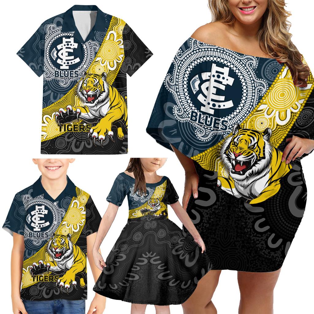 Personalised Richmond And Carlton Football Family Matching Off Shoulder Short Dress and Hawaiian Shirt Tigers BluesTogether Aboriginal Art