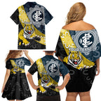 Personalised Richmond And Carlton Football Family Matching Off Shoulder Short Dress and Hawaiian Shirt Tigers BluesTogether Aboriginal Art