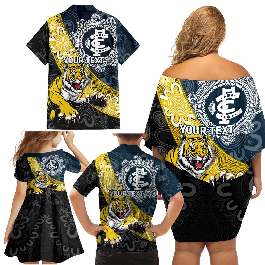 Personalised Richmond And Carlton Football Family Matching Off Shoulder Short Dress and Hawaiian Shirt Tigers BluesTogether Aboriginal Art