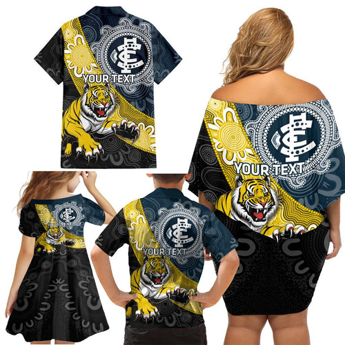 Personalised Richmond And Carlton Football Family Matching Off Shoulder Short Dress and Hawaiian Shirt Tigers BluesTogether Aboriginal Art