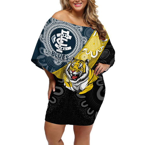 Personalised Richmond And Carlton Football Family Matching Off Shoulder Short Dress and Hawaiian Shirt Tigers BluesTogether Aboriginal Art