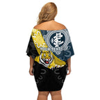 Personalised Richmond And Carlton Football Family Matching Off Shoulder Short Dress and Hawaiian Shirt Tigers BluesTogether Aboriginal Art