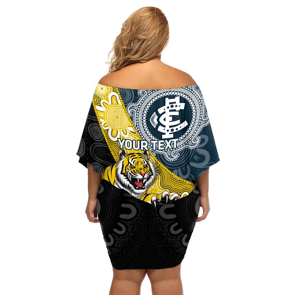 Personalised Richmond And Carlton Football Family Matching Off Shoulder Short Dress and Hawaiian Shirt Tigers BluesTogether Aboriginal Art