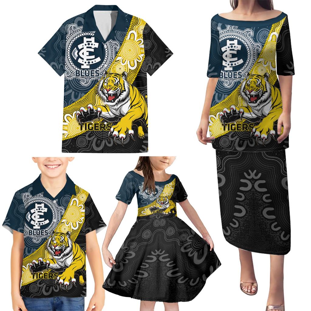Personalised Richmond And Carlton Football Family Matching Puletasi and Hawaiian Shirt Tigers BluesTogether Aboriginal Art