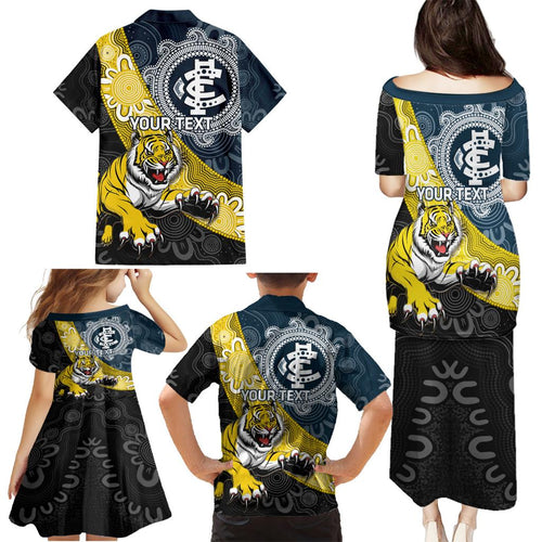 Personalised Richmond And Carlton Football Family Matching Puletasi and Hawaiian Shirt Tigers BluesTogether Aboriginal Art