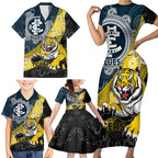Personalised Richmond And Carlton Football Family Matching Short Sleeve Bodycon Dress and Hawaiian Shirt Tigers BluesTogether Aboriginal Art