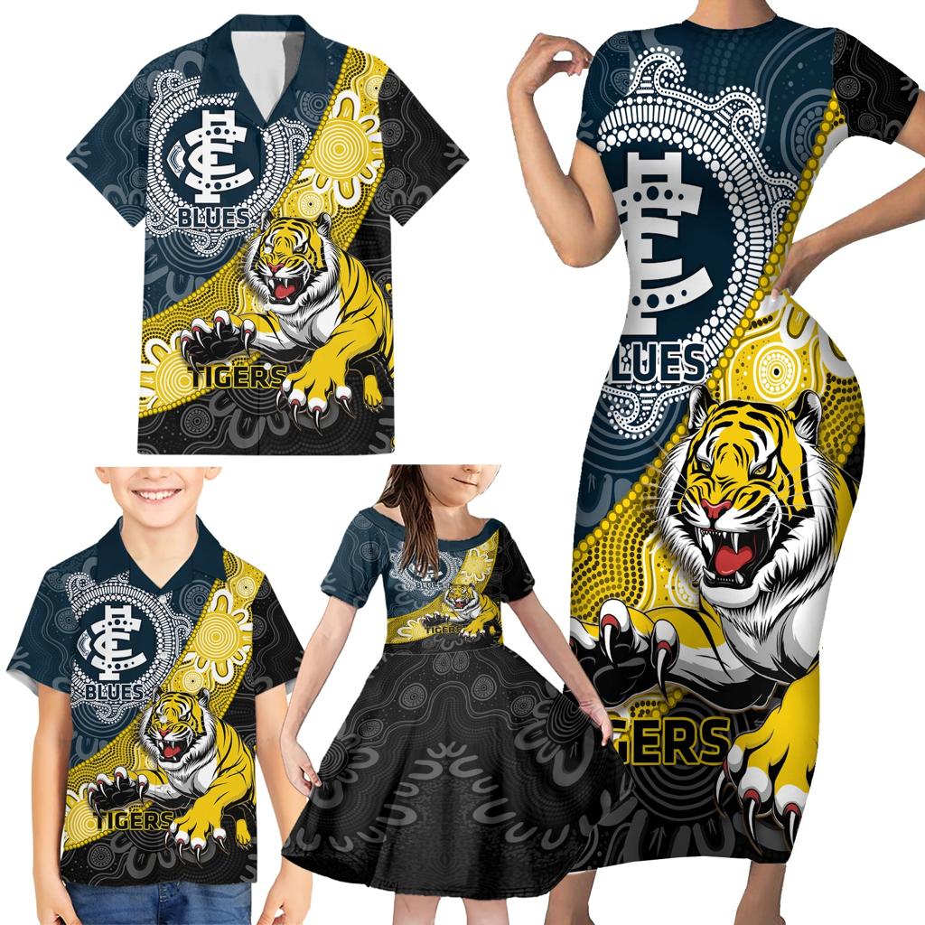 Personalised Richmond And Carlton Football Family Matching Short Sleeve Bodycon Dress and Hawaiian Shirt Tigers BluesTogether Aboriginal Art