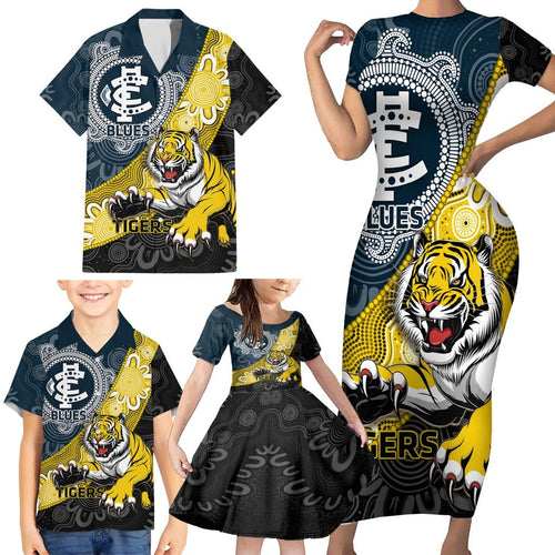 Personalised Richmond And Carlton Football Family Matching Short Sleeve Bodycon Dress and Hawaiian Shirt Tigers BluesTogether Aboriginal Art