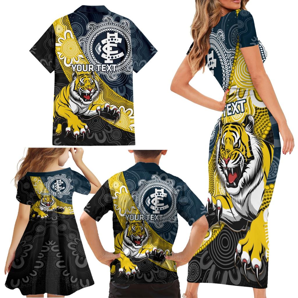 Personalised Richmond And Carlton Football Family Matching Short Sleeve Bodycon Dress and Hawaiian Shirt Tigers BluesTogether Aboriginal Art