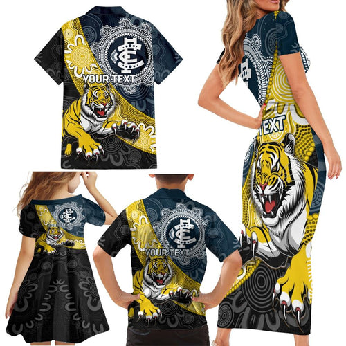 Personalised Richmond And Carlton Football Family Matching Short Sleeve Bodycon Dress and Hawaiian Shirt Tigers BluesTogether Aboriginal Art