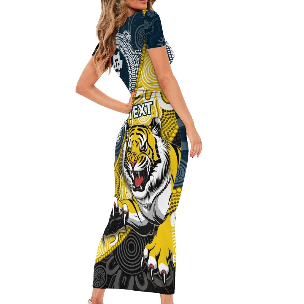 Personalised Richmond And Carlton Football Family Matching Short Sleeve Bodycon Dress and Hawaiian Shirt Tigers BluesTogether Aboriginal Art