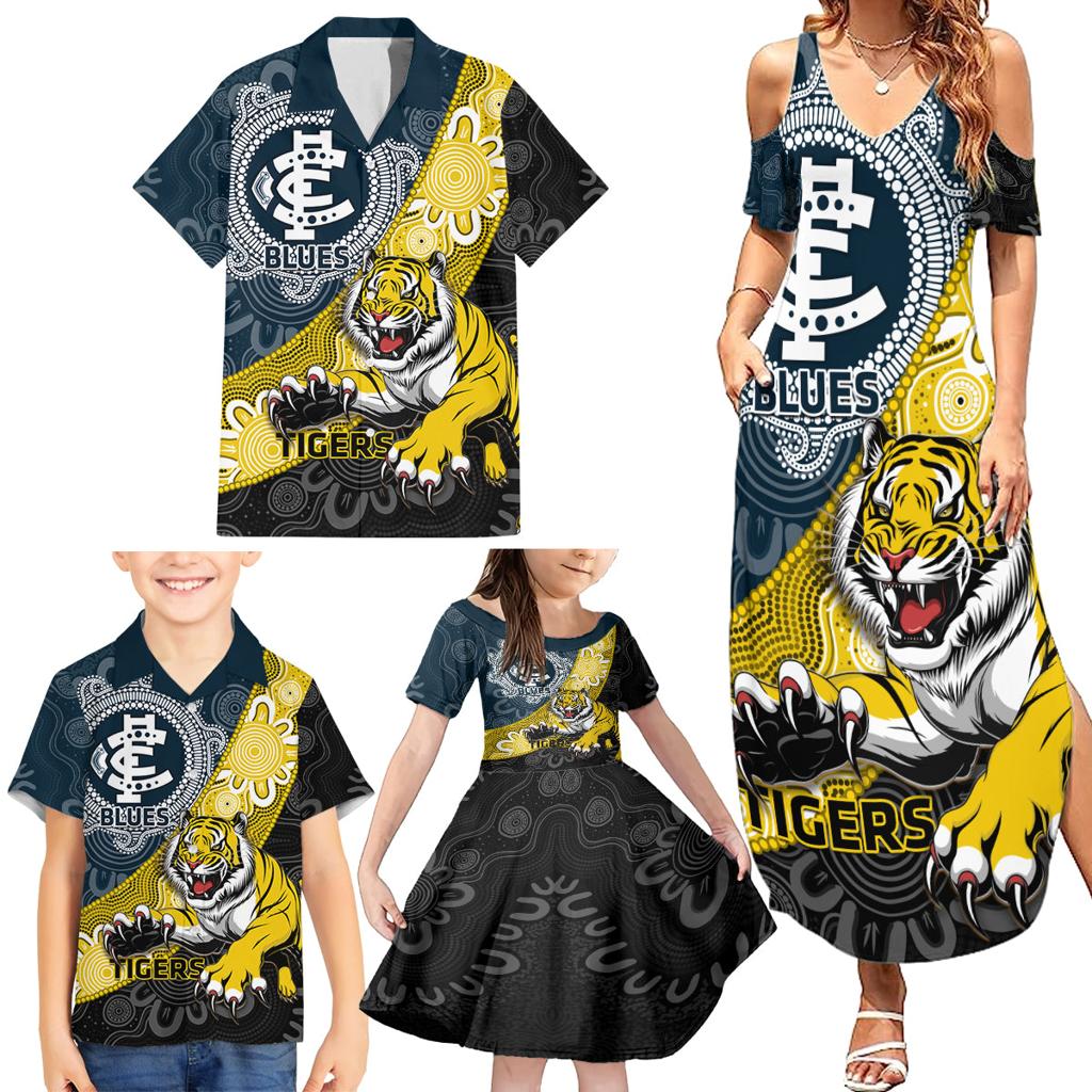 Personalised Richmond And Carlton Football Family Matching Summer Maxi Dress and Hawaiian Shirt Tigers BluesTogether Aboriginal Art