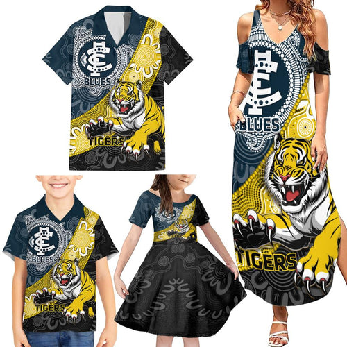 Personalised Richmond And Carlton Football Family Matching Summer Maxi Dress and Hawaiian Shirt Tigers BluesTogether Aboriginal Art