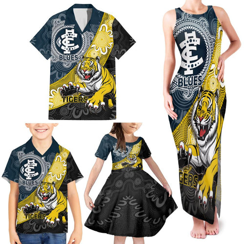 Personalised Richmond And Carlton Football Family Matching Tank Maxi Dress and Hawaiian Shirt Tigers BluesTogether Aboriginal Art