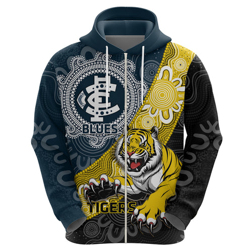 Personalised Richmond And Carlton Football Hoodie Tigers BluesTogether Aboriginal Art