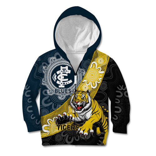 Personalised Richmond And Carlton Football Kid Hoodie Tigers BluesTogether Aboriginal Art