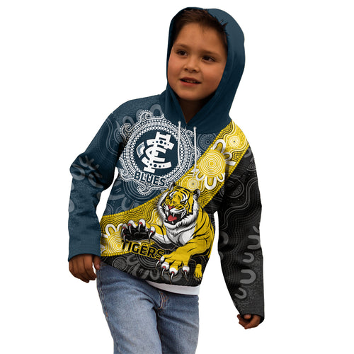 Personalised Richmond And Carlton Football Kid Hoodie Tigers BluesTogether Aboriginal Art