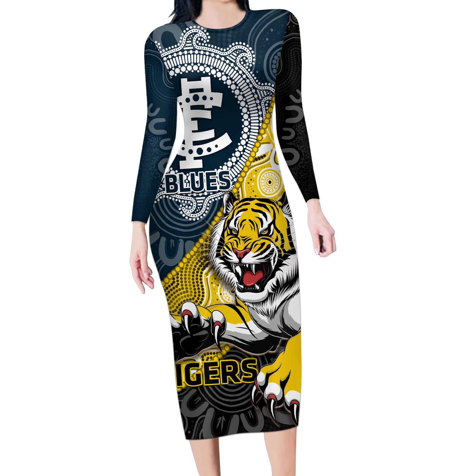 Personalised Richmond And Carlton Football Long Sleeve Bodycon Dress Tigers BluesTogether Aboriginal Art