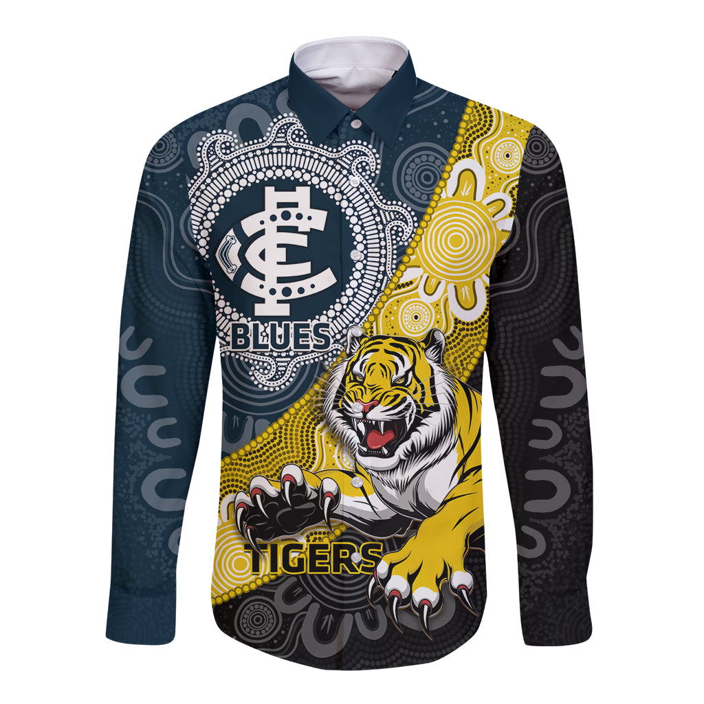 Personalised Richmond And Carlton Football Long Sleeve Button Shirt Tigers BluesTogether Aboriginal Art